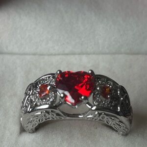 Heart Shaped Ruby with Zircon Ornate Heart in Silver Filigree setting.